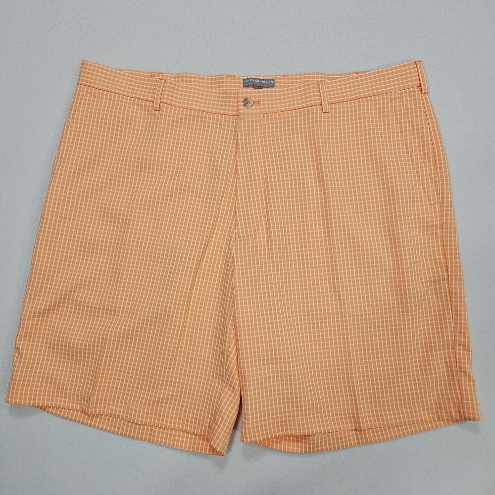 Peter Millar Wicking Golf Shorts Men 42 Orange White 9" Inseam Check Performance